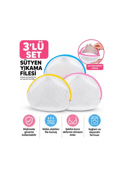 3 Lü Set Sütyen Yıkama Filesi Çamaşır Makinesi Koruyucu File Fermuarlı Hassas Çamaşır Torbası Beyaz