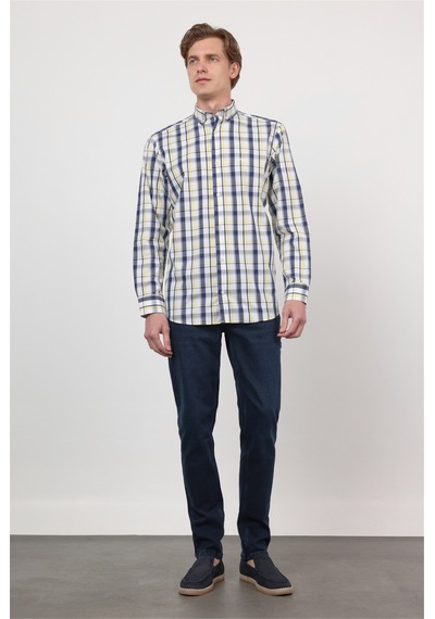 İmza Beyaz - Sarı Düğmeli Yaka Uzun Kol Cepsiz Comfort Fit Pamuk Gömlek 1004260169 2XL İmza Beyaz - Sarı Düğmeli Yaka Uzun Kol Cepsiz Comfort Fit Pamuk Gömlek 1004260169 2XL