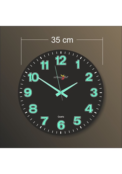 Siyah Zeminli Bombe Camlı Gece Parlayan Fosforlu 35Cm Duvar Saati Siyah