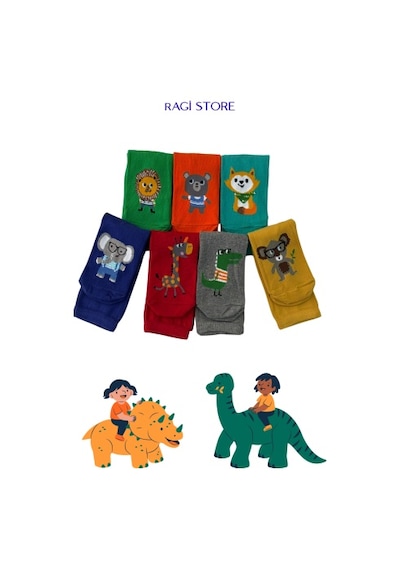 Ragi Store 7'li Hayvan Figürlü Renkli Unisex Çocuk Penye Soket Çorap Çok Renkli