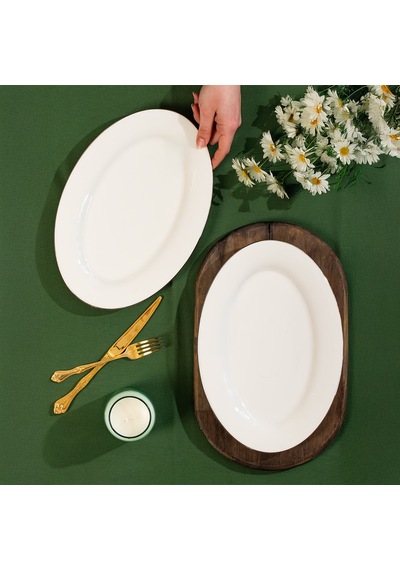 Porsima 4441 Gardenya Porselen Platin Fileli Kayık Tabak Seti - Oval Kahvaltılık Sunumluk Seti 30cm Beyaz