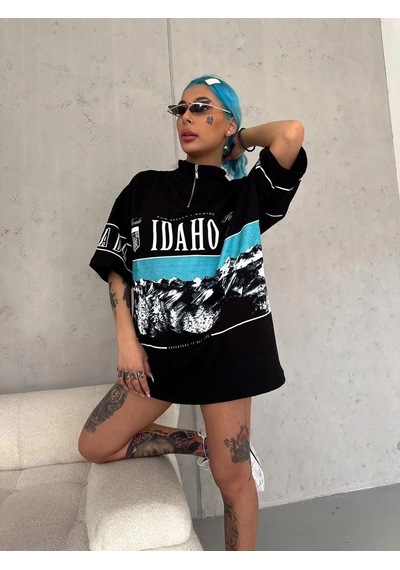 Kadın Baskılı Yarım Fermuarlı Kısa Kol T-shirt - Siyah