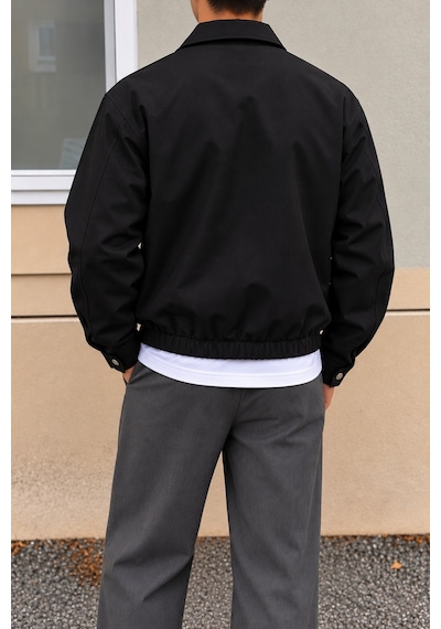 Tarz Cool Erkek Oversize Çift Yönlü Fermuarlı %100 Pamuk Ceket Rahat Kalıp, Lastikli Bel, Günlük Ve Casual Stil Siyah