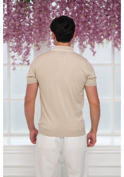 Advante Slimfit Kolları Lastikli Likralı Desenli Polo Yaka Triko T-shirt Krem