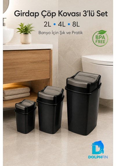 Girdap 3 Lü Sallanır Kapaklı Çöp Kovası Seti 2 L 4 L 8 L Banyo Mutfak Siyah