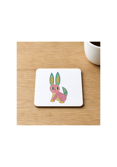 Renkli Tavşan Tasararım Baskılı 9x9 Cm Kare Mdf Bardak Altlığı Ahşap Çok Renkli