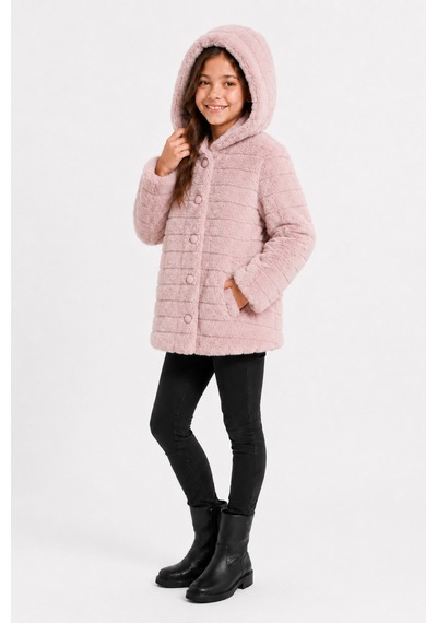 Ahengim Kız Çocuk Kışlık Kapüşonlu Düğmeli Astarlı Yatay Çizgili Peluş Mont Ak4518 Pembe
