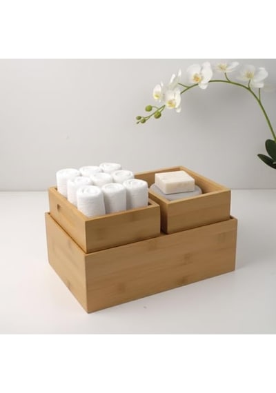 Deconox 3'lü Modüler Bambu Organizer Set - Üst Üste Geçebilen Çok Amaçlı Çekmece İçi Ve Masaüstü Düzenleyici Kutu - Banyo, Mutfak Ve Ofis İçin Ahşap Saklama Seti Açık Bej