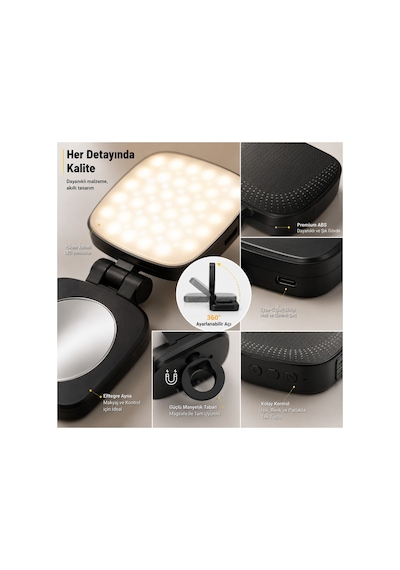 Xk-fl05 Magsafe Uyumlu Aynalı Mini Led Fill Light Taşınabilir Telefon Standı Fotoğraf Ve Video Işığı - Siyah
