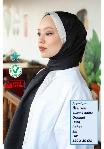 Premium Lux Original Monogram Şal İpek Vual, Yüksek Kalite, Hafif, Rahat, Şık, Tesettür, Shawl Siyah - Beyaz