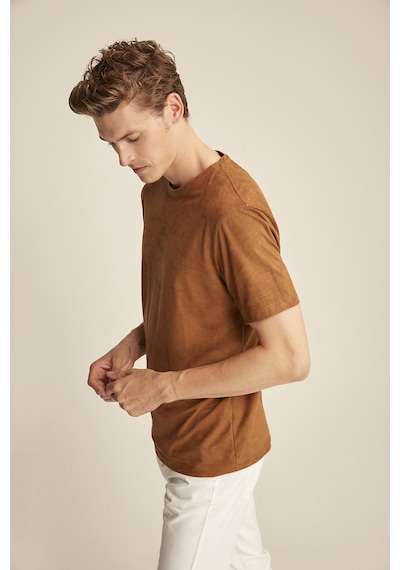 Grimelange ENZO Kahverengi Suet Erkek Basic Slim Fit T-shirt