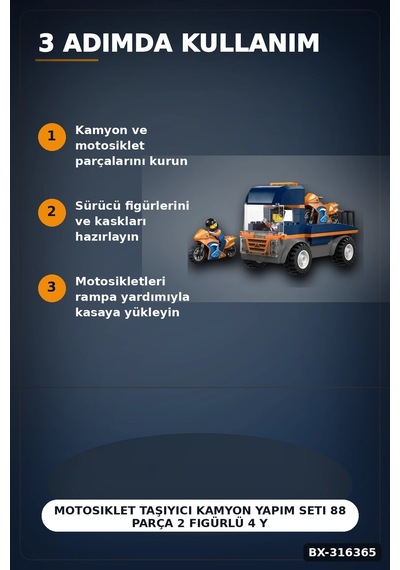 Motosiklet Taşıyıcı Kamyon Yapım Seti 88 Parça 2 Figürlü 4 Yaş Üzeri Çocuk Oyuncağı Bx-316365