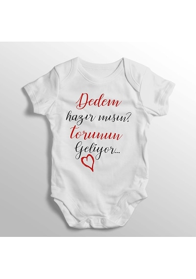 İmaj Tuğbababy Dedem Hazır Mısın Torunun Geliyor Yazılı Baskılı Bebek Zıbını Beyaz