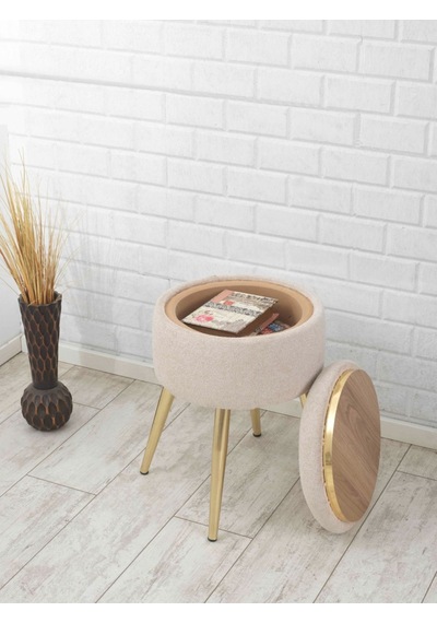 Bella Metal Ayaklı Puflu Teddy Kumaş Puf&sehpa Altın Beyaz Gold White