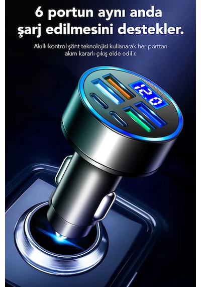 6 Çıkışlı Araç Şarj Aleti - 66w Araç İçi Çakmaklık Süper Hızlı Şarj Aleti Type-c Usb Çıkışlı