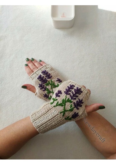 Newdaycraft Parmaksız El Örgü Eldiven - Bej / Lavanta