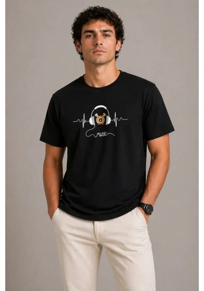 Butik İstanbul Erkek Müzik Temalı Baskılı Tişört Bisiklet Yaka Kısa Kol T-shirt - Siyah