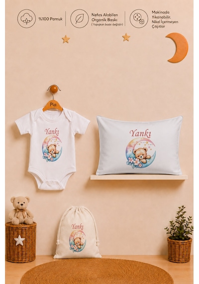 Pia Baby İsimli Kız Bebek Hediye Seti %100 Pamuk Organik Baskılı Body Yastık Kılıfı Ve Ham Bez Bebek Kıyafet Kesesi 1110bykyx Ekru