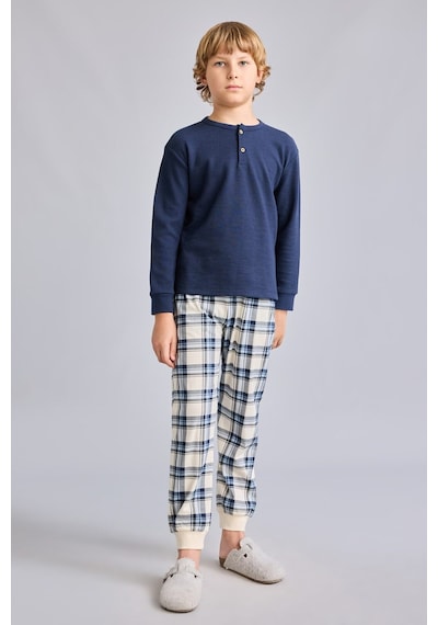 Defacto Regular Fit Henley Yaka Waffle Üst Ekose Alt 2li Pijama Takımı Erkek Çocuk I1444a826aunv256 Lacivert-nv256