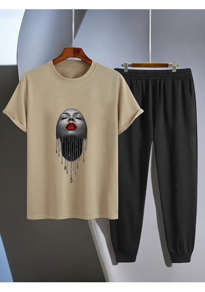Uyguntarz Unisex Pırlantalı Kadın Portresi Tasarım Basklı Tshirt Eşofman Takımı Bej