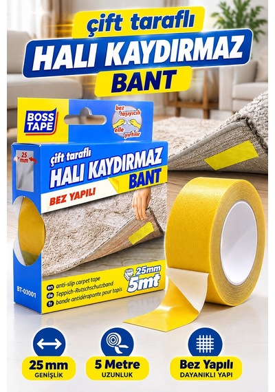 Çift Taraflı Halı Kaydırmaz Bant 25 Mm 5 Metre Bez Yapılı Halı Sabitleme Bandı