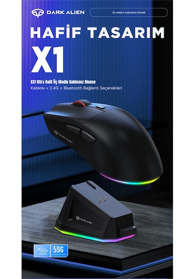 Dark Alien X1 Kablosuz 3 Modlu Oyuncu Mouse- 59 Gram 400 Mah Batarya- Makrolu Diğer
