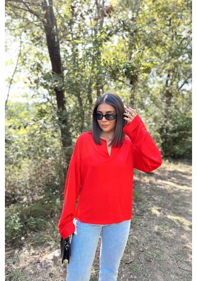 WeShaya Kadın Kırmızı Uzun Kol, Duble Manşet, Yırtmaçlı Yaka, Salaş Sweatshirt Bluz Kırmızı WeShaya Kadın Kırmızı Uzun Kol, Duble Manşet, Yırtmaçlı Yaka, Salaş Sweatshirt Bluz Kırmızı