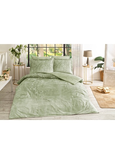 Özdilek White Sakura King Size Lastikli Çarşaf Nevresim Takımı Yeşil