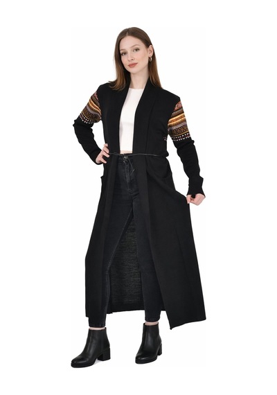 Onno Style Women Kilim Desen Uzun Ceket Siyah