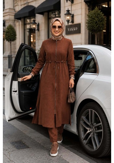 Hb Harma Time Butik Kadın Ribanalı Fermuarlı Kahverengi Keten Tunik Pantolon İkili Takım Acı Kahve Acı Kahve