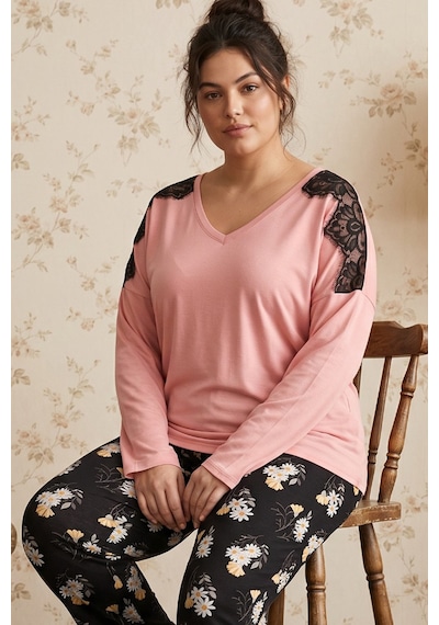 Siyah İnci Somon Desenli Büyük Beden Battal Boy Viskon Örme Pijama Takım 26224812