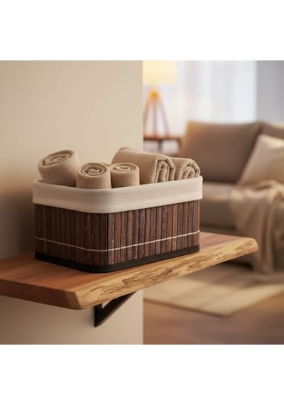 Mini Dikdörtgen Bambu Düzenleyici Ve Saklama Sepeti Gri Ahşap Banyo, Makyaj Ve Ofis Organizeri, Kumaş Astarlı Dekoratif Kutu 20x15x10 Cm Açık Ahşap