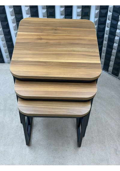 3 Lü Zigon Sehpa Seti Metal Ayaklı Ahşap Desen Tabla Modern Tasarım Amalfi Cevizi
