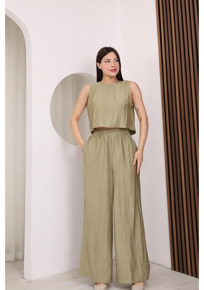 Famoda Haki Sırtı Çapraz Bağcıklı Crop Bluz & Yüksek Bel Palazzo Pantolon Alt Üst Takım