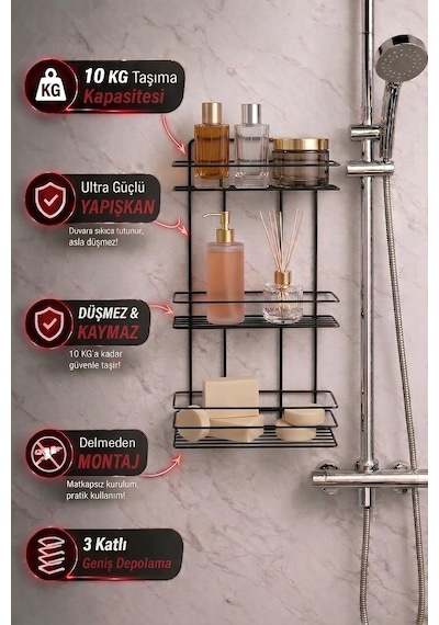 Sas Haus 3 Katlı Siyah Yapışkanlı Banyo Rafı, Şampuanlık Duş Düzenleyici, Paslanmaz Metal Banyo Duvar Askısı - TŞ-03