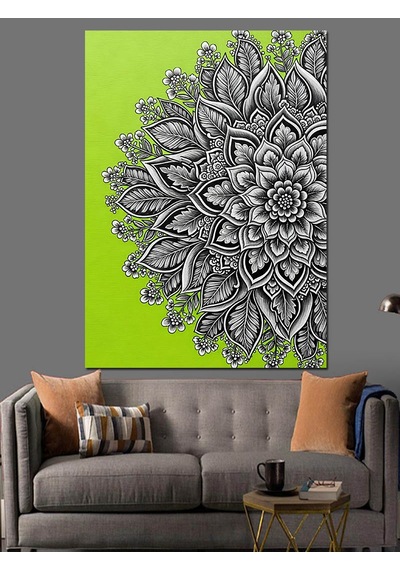 Yeşil Siyah Mandala Deseni Dekoratif Kanvas - Mdf Ahşap Tablo