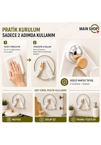 Mainshop 4 Adet Delme Gerektirmez Vantuzlu Tencere Kapağı Tutucu,tencere Kapağı Saklama Düzenleyici M-56 Beyaz