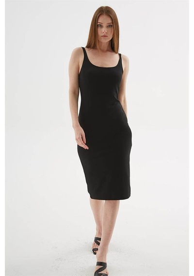 Fashion Friends Kare Yaka Midi Siyah Kadın Elbise 26y0299k1