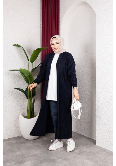 Hira Life Fashion Kadın Şal Yaka Uzun Triko Ve Sakallı Tüylü Hırka Lacivert Lacivert