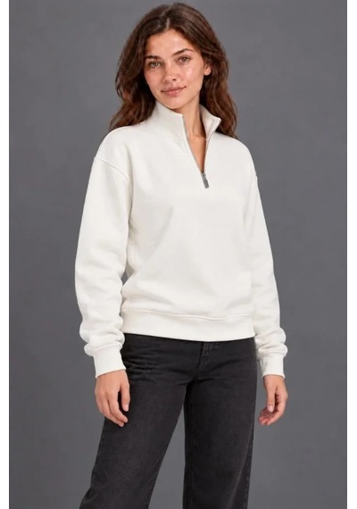 Üç İplik İçi Şardonlu Dik Yaka Yarım Fermuarlı Kışlık Sweatshirt - Beyaz