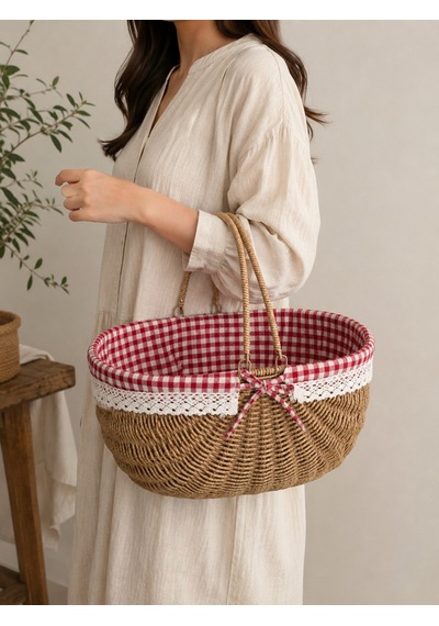 Piknik Sepeti Oval Hasır Detaylı 38 Cm Krem