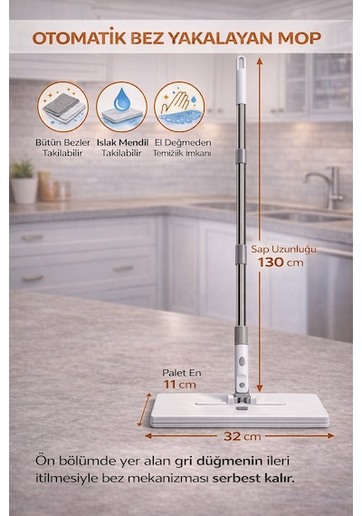 Tüm Bezlerle Uyumlu Click Akıllı Mop Paleti Xl 32 Cm Kıskaçlı Mop El Değmeden Mop Aparatı