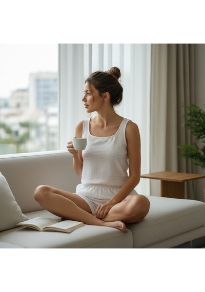 Udenya Pure Dot %100 Pamuk Müslin Yazlık Pijama Takımı Beyaz