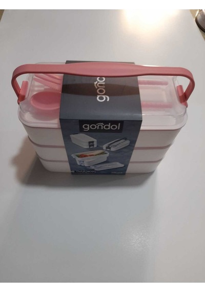 Gondol Plastik Reishome 3 Katlı Beslenme Kabı Çatal Kaşık Içerisinde Pembe Renk