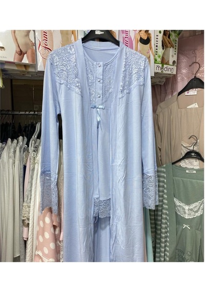 Nehirsel 3022 Mavi Hamile Lohusa 3 Lü Pijama Sabahlık Tk 001