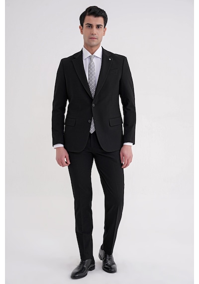 Efor Slim Fit Çift Yırtmaç Gofre Kumaş Esnek Siyah Spor Takım Elbise Tk 940 Siyah