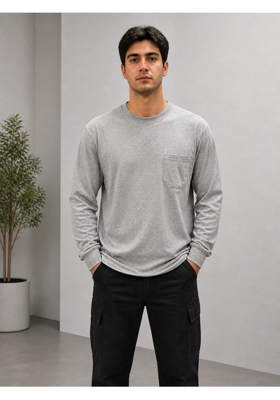 Bisiklet Yaka Gri Sweatshirt Uzun Kollu Kışlık 2 İplik
