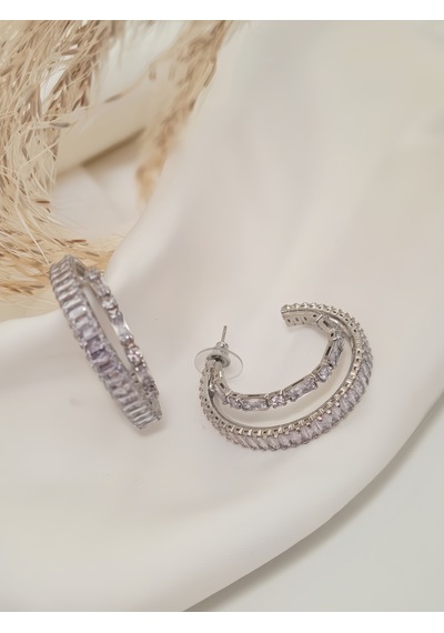 İkili Yarım Halka Model Zirkon Taşlı Antialerjik Vip Halka Silver Renk Küpe Antialerjik Silver
