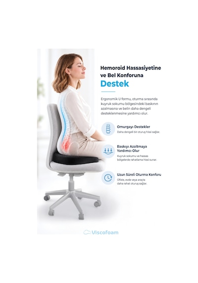 Viscofoam Ortopedik Oturma Minderi Hemeroid Kuyruk Sokumu Coccyx Oturma Minderi Visco Minder Siyah