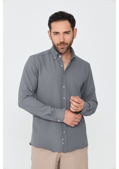 White Stone Gri Mikro Desenli Dynamic Fit Uzun Kollu Gömlek